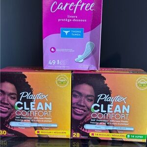 Playtex Clean Comfort Tampons in Orange and Yellow with Carefree Liners in Pink